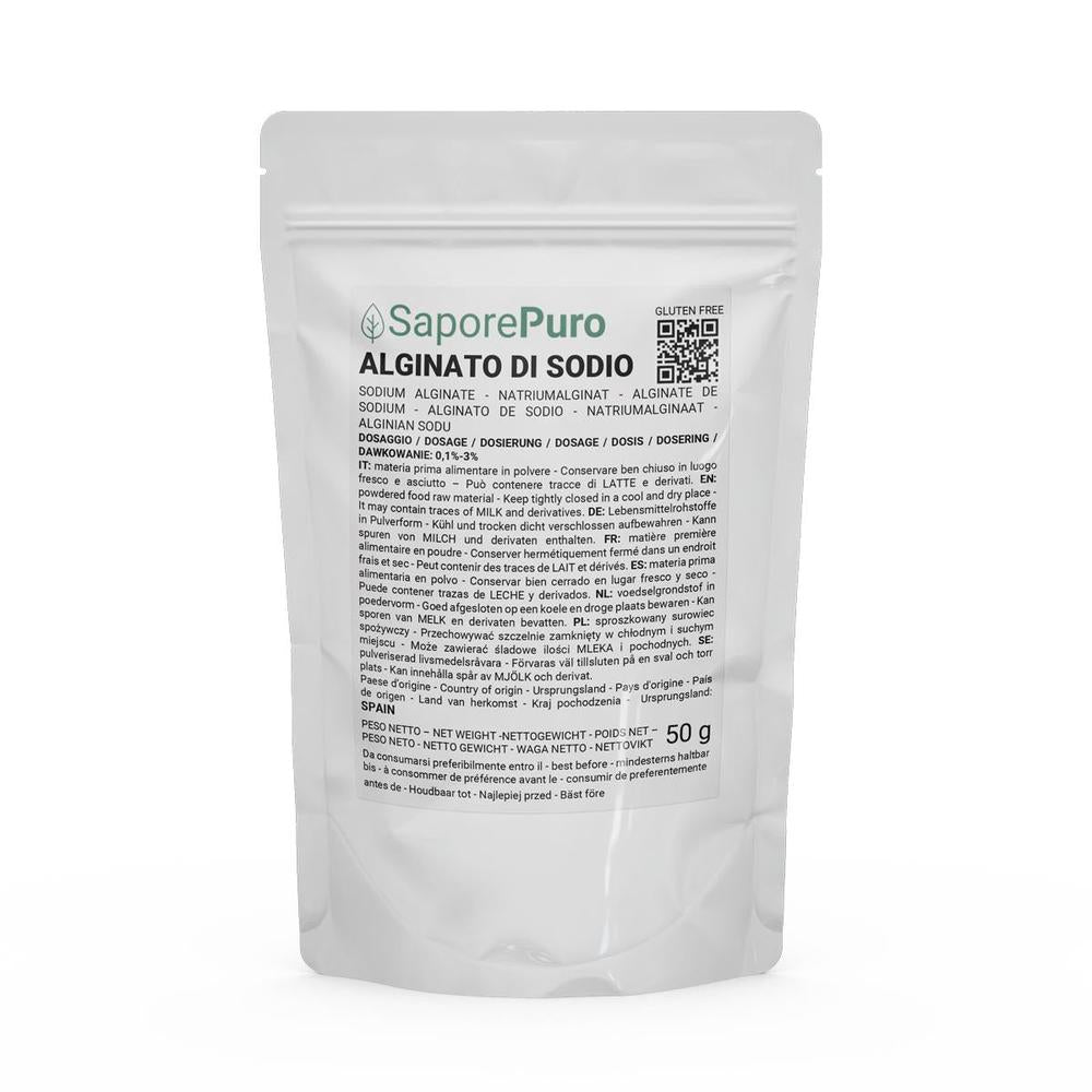 Alginato di sodio SaporePuro kit per sferificazione molecolare, 50g, confezione frontale, ingredienti per cucina innovativa.